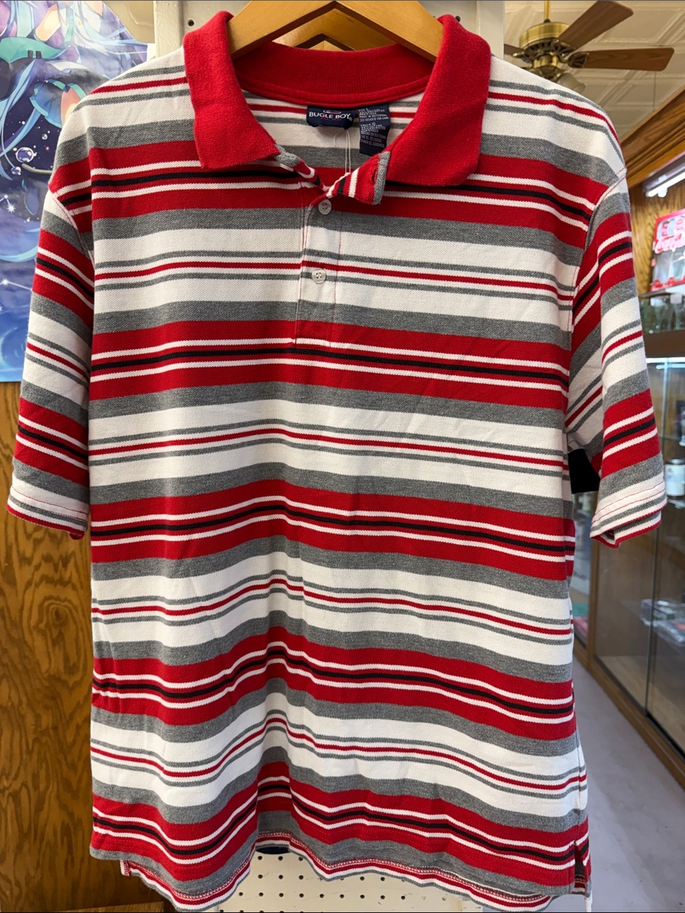 VTG Bugle Boy Red, Gray & White Striped Polo